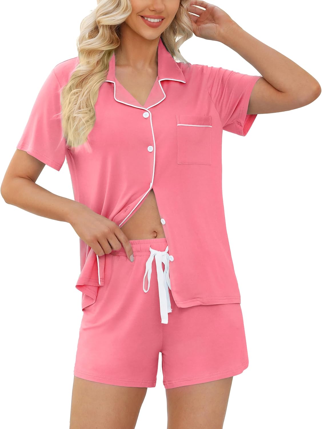 Soft Short Sleeve Womens Pajama Set with Button Down Top and Shorts