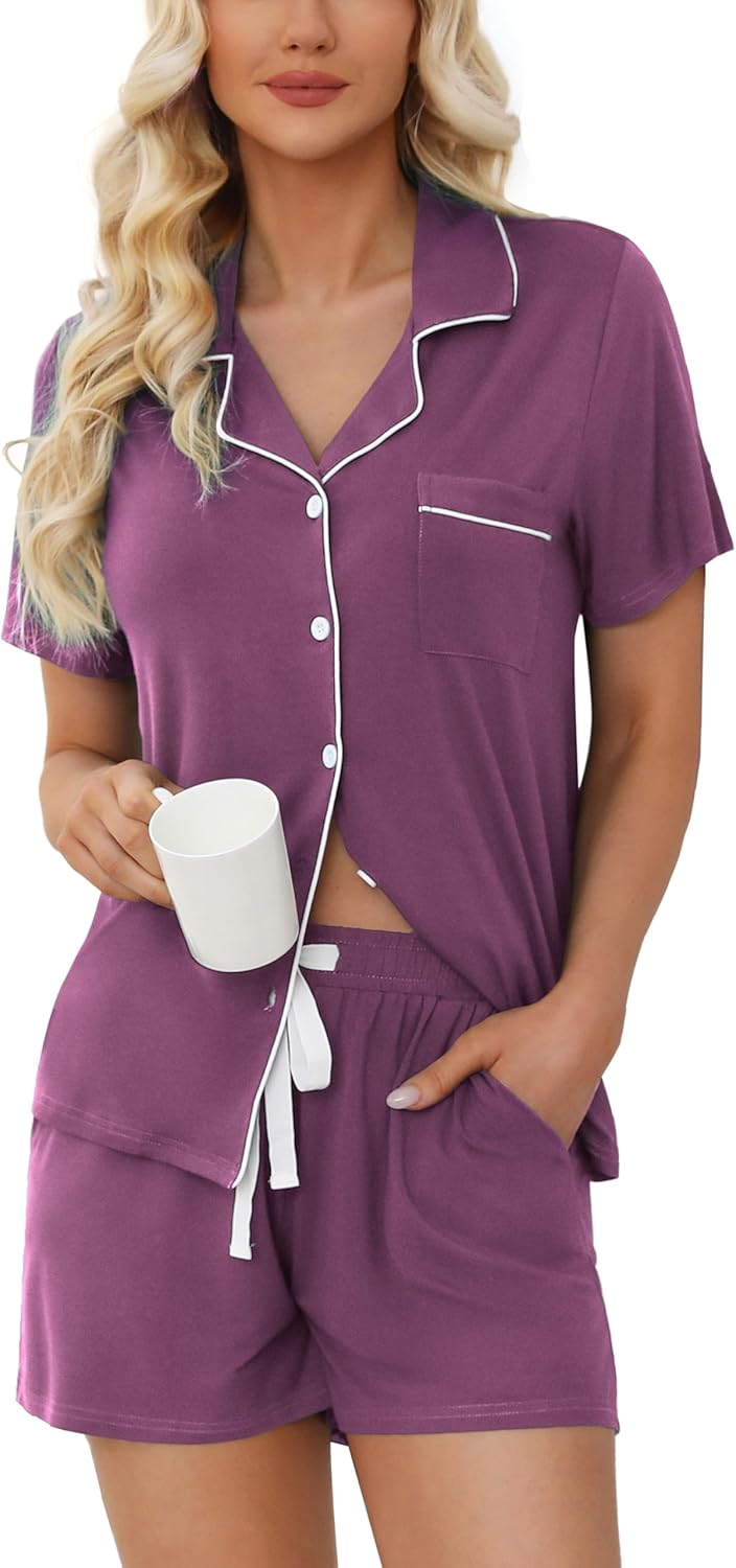 Soft Short Sleeve Womens Pajama Set with Button Down Top and Shorts