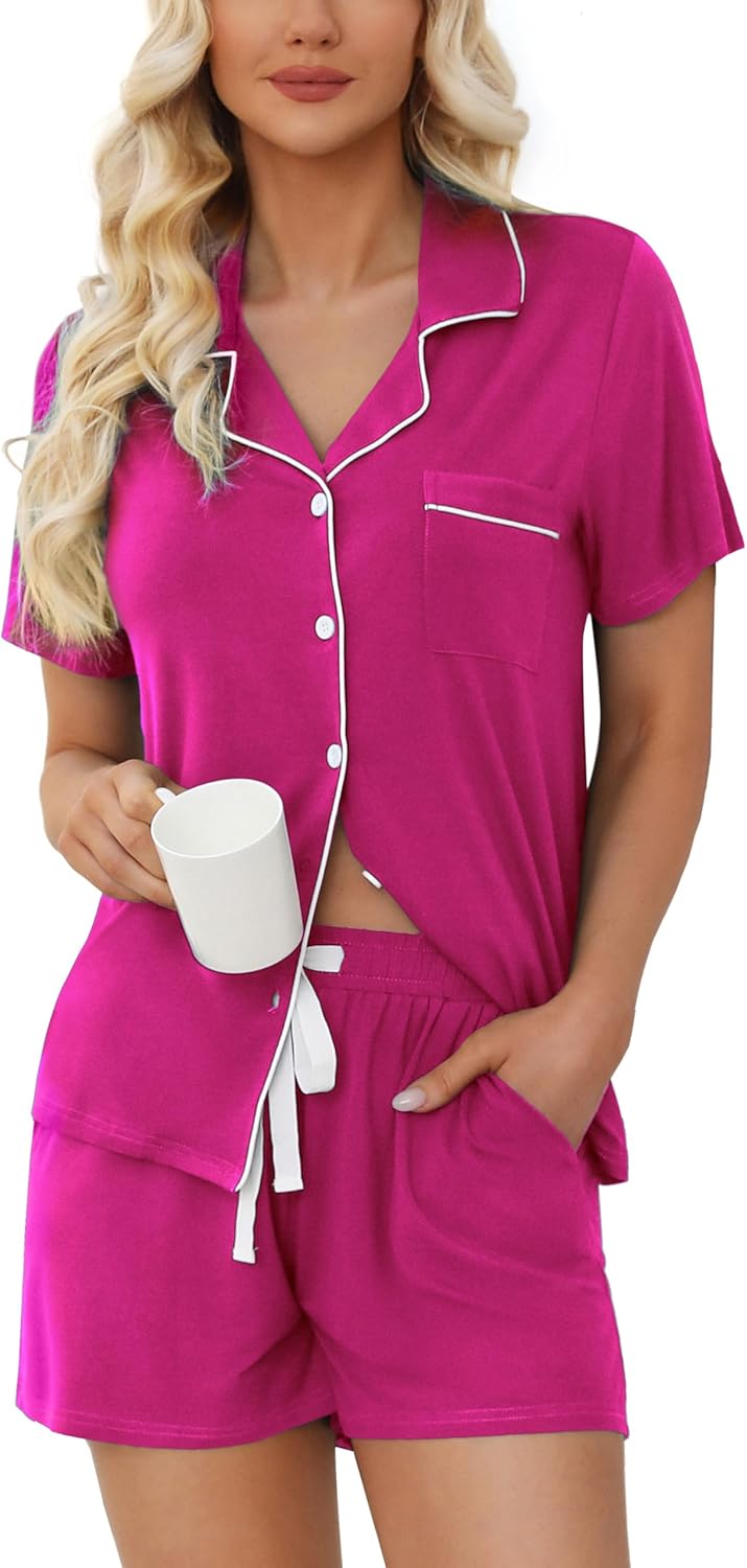 Soft Short Sleeve Womens Pajama Set with Button Down Top and Shorts