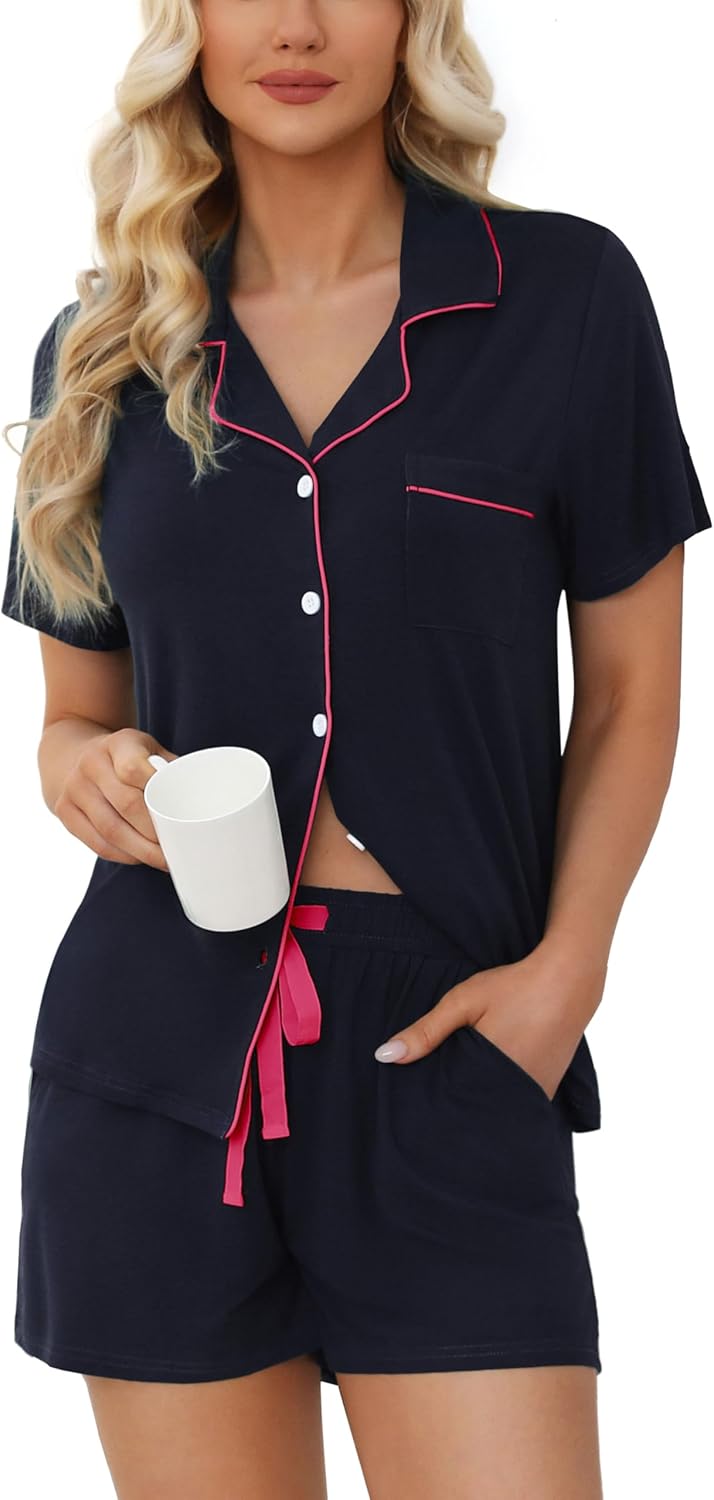 Soft Short Sleeve Womens Pajama Set with Button Down Top and Shorts