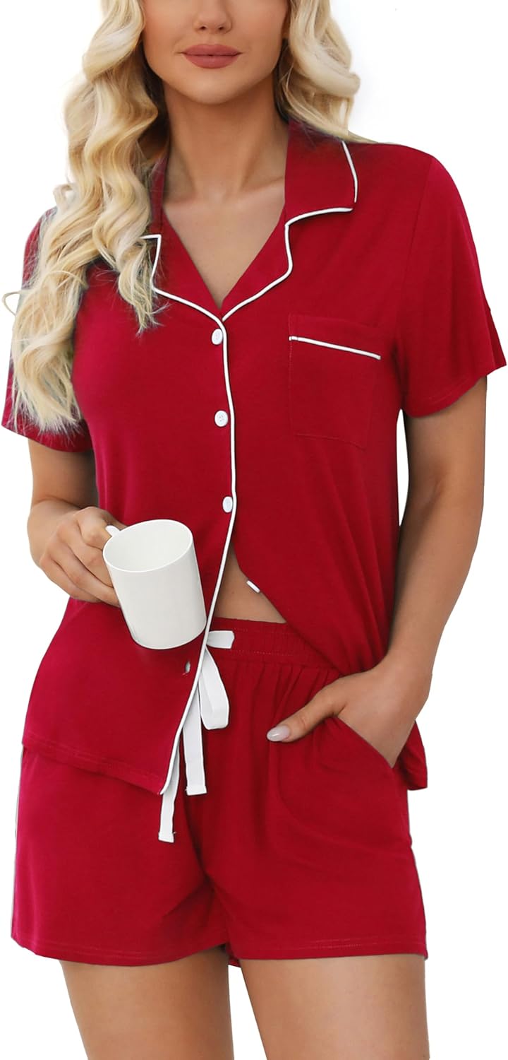 Soft Short Sleeve Womens Pajama Set with Button Down Top and Shorts