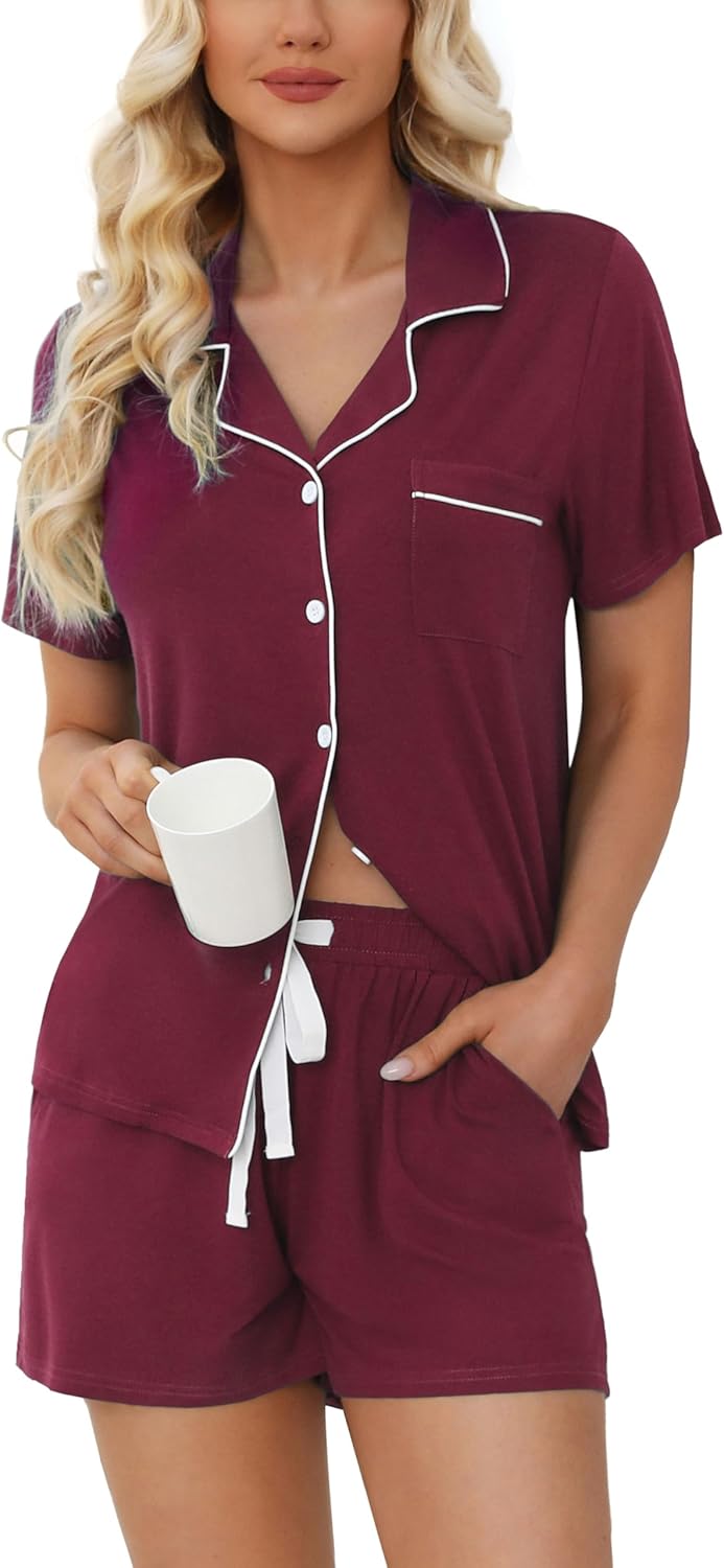 Soft Short Sleeve Womens Pajama Set with Button Down Top and Shorts