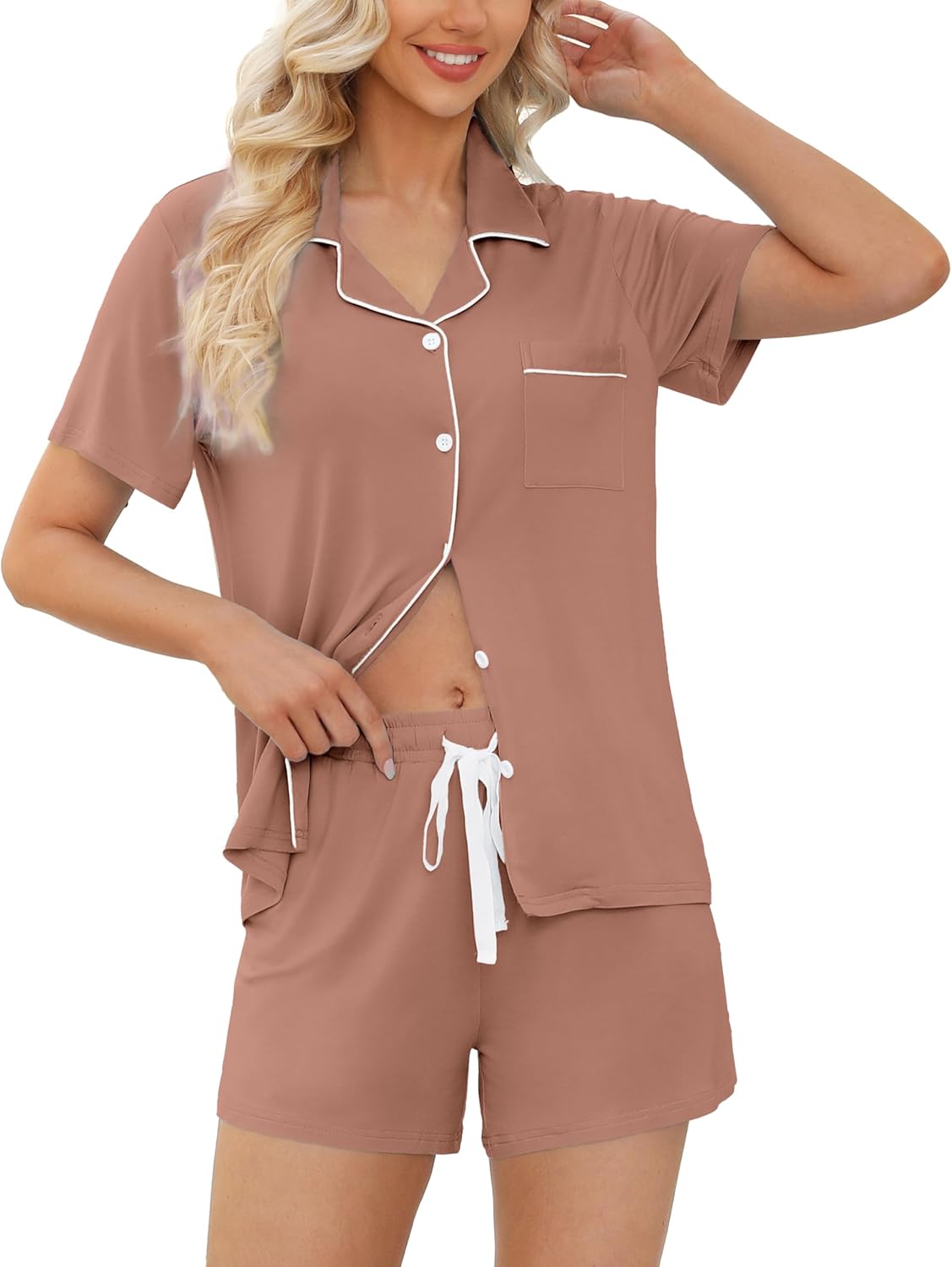 Soft Short Sleeve Womens Pajama Set with Button Down Top and Shorts