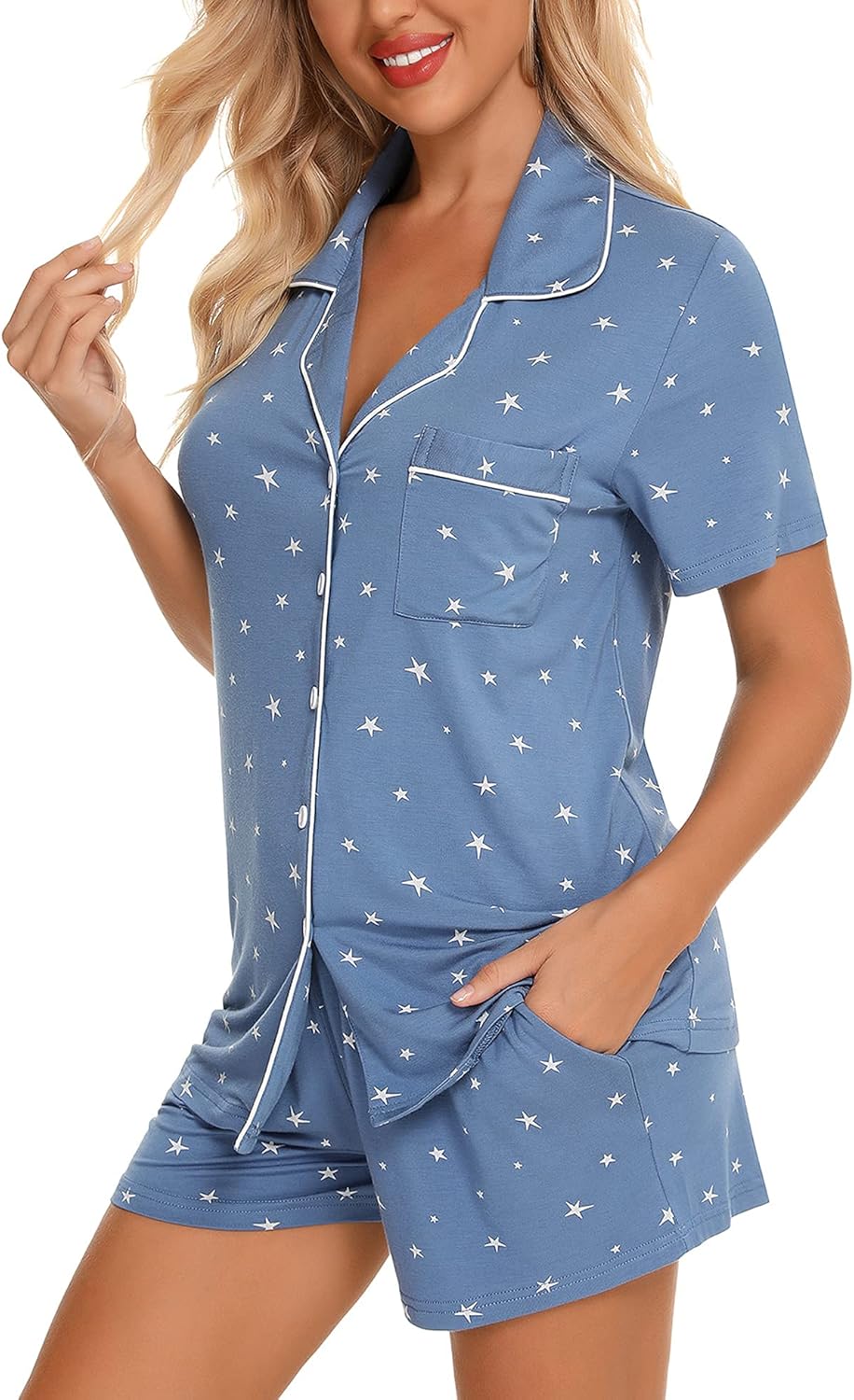 Soft Short Sleeve Womens Pajama Set with Button Down Top and Shorts