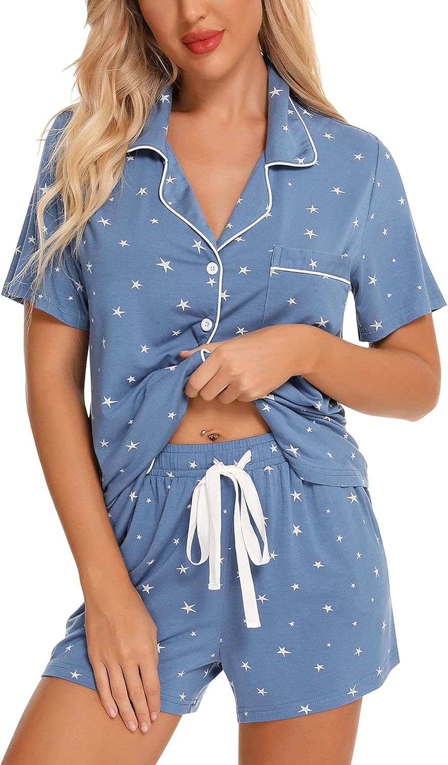 Soft Short Sleeve Womens Pajama Set with Button Down Top and Shorts