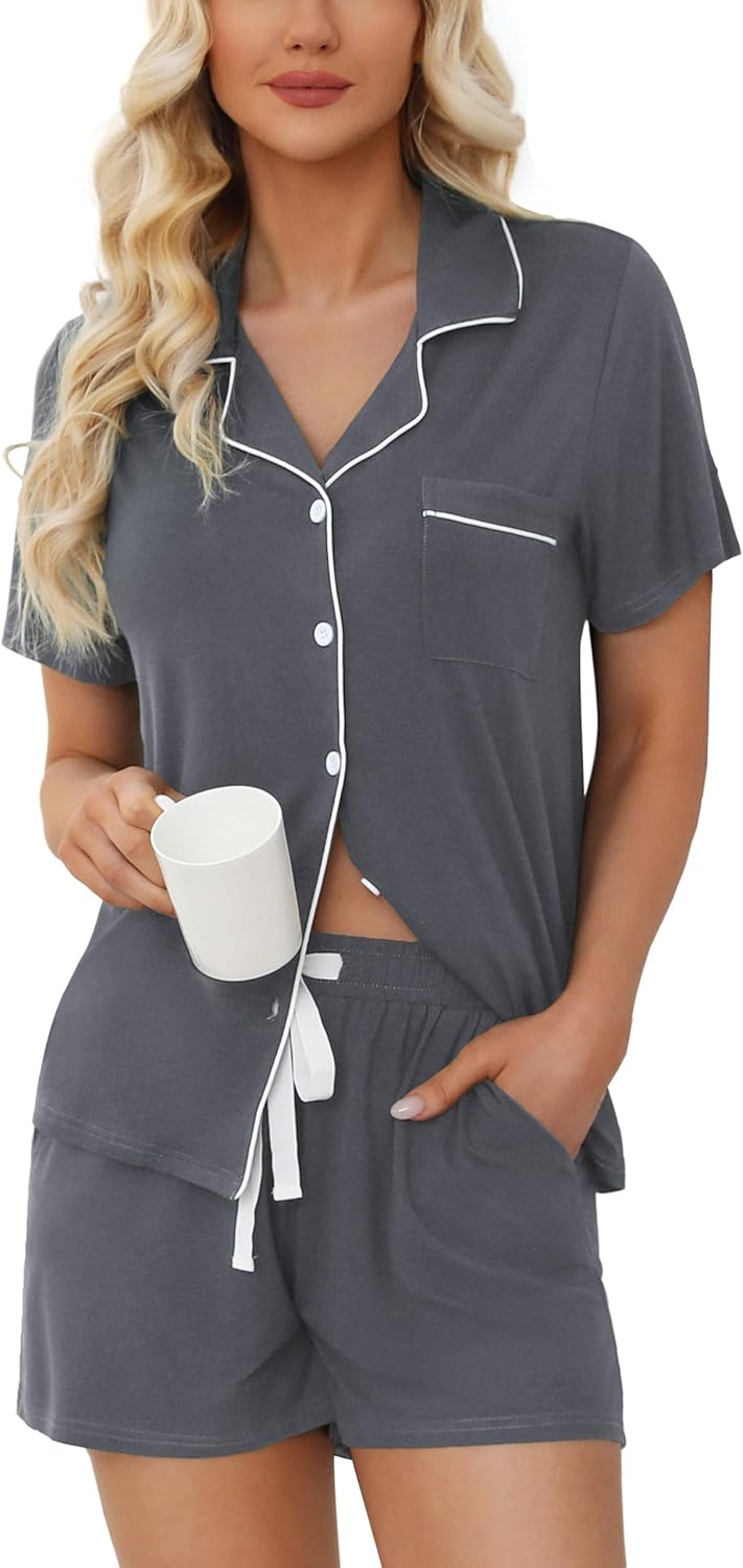 Soft Short Sleeve Womens Pajama Set with Button Down Top and Shorts