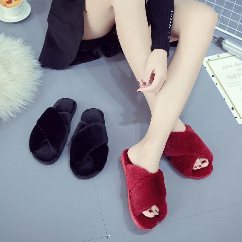 2023 Winter Women Home Indoor Casual Slippers Female Flip Flops Fluffy Shoes Cross Design Slides Ladies Soft Warm Plush Slipper