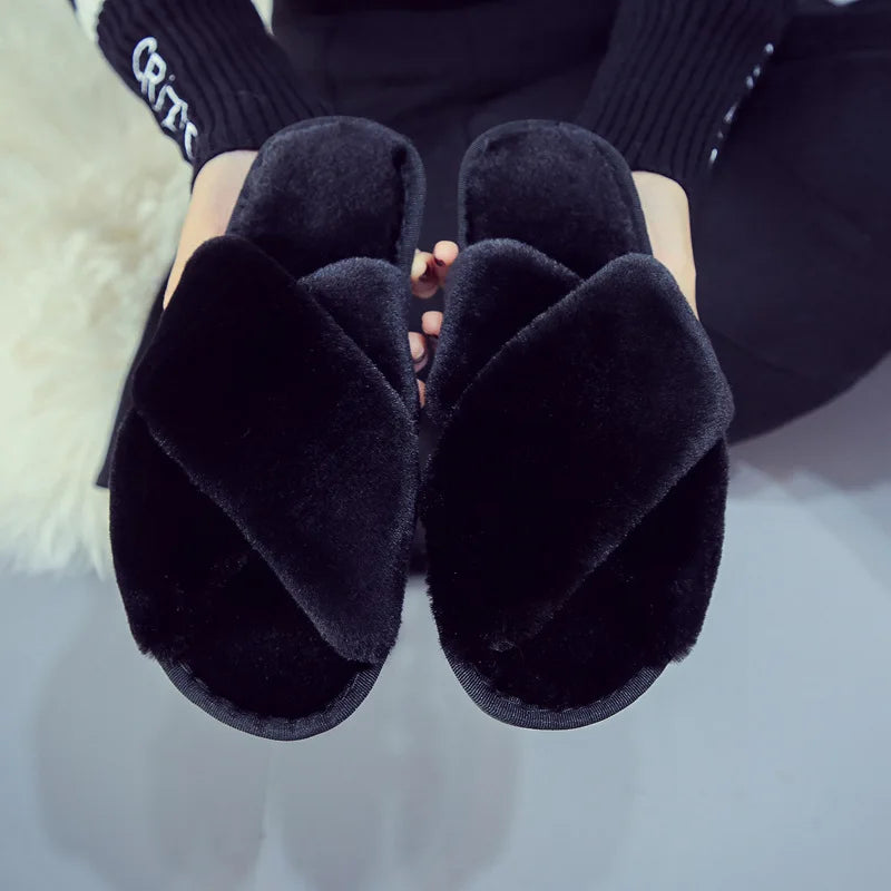 2023 Winter Women Home Indoor Casual Slippers Female Flip Flops Fluffy Shoes Cross Design Slides Ladies Soft Warm Plush Slipper