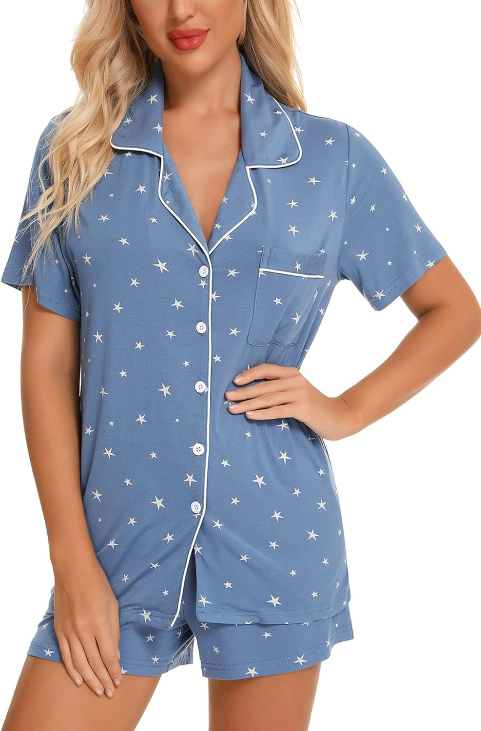 Soft Short Sleeve Womens Pajama Set with Button Down Top and Shorts